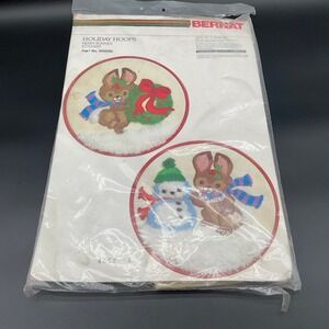 Vintage 1970s Bernat Holiday Hoops Merry Bunnies Crewel Embroidery Kit Sealed‎